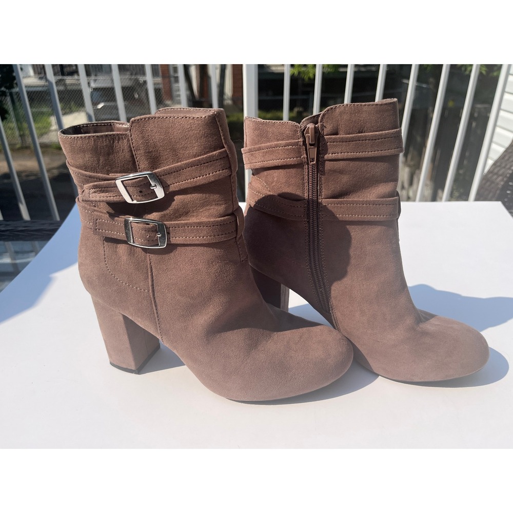 Christian Siriano Taupe Faux Suede Buckle Strap Block Heel Ankle Boots Size 8